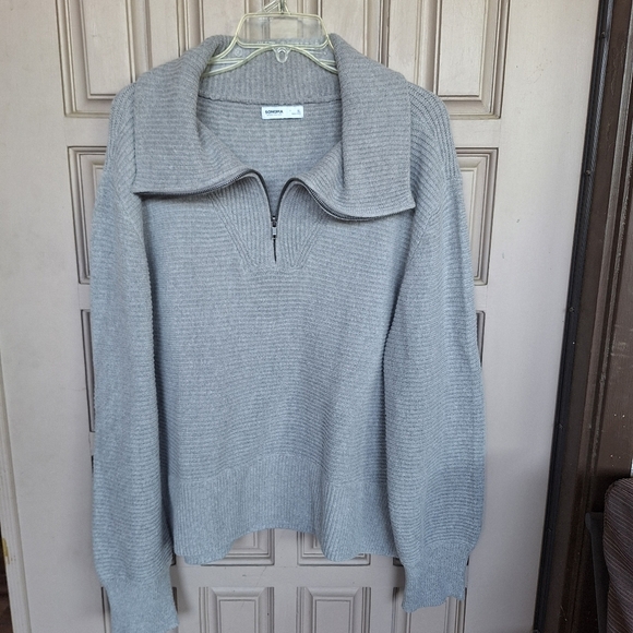 Sonoma Sweater Gray SzXL 1/4Zip Wide Collar /Cuffs Long Sleeves Hem Slit Sides - Picture 1 of 12